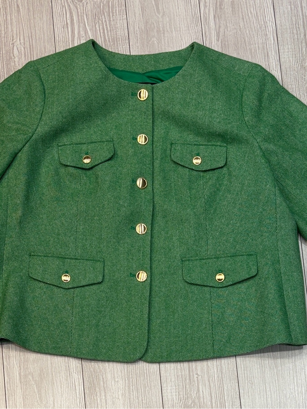 Talbots Classic Green Tweed Jacket with Gold Buttons